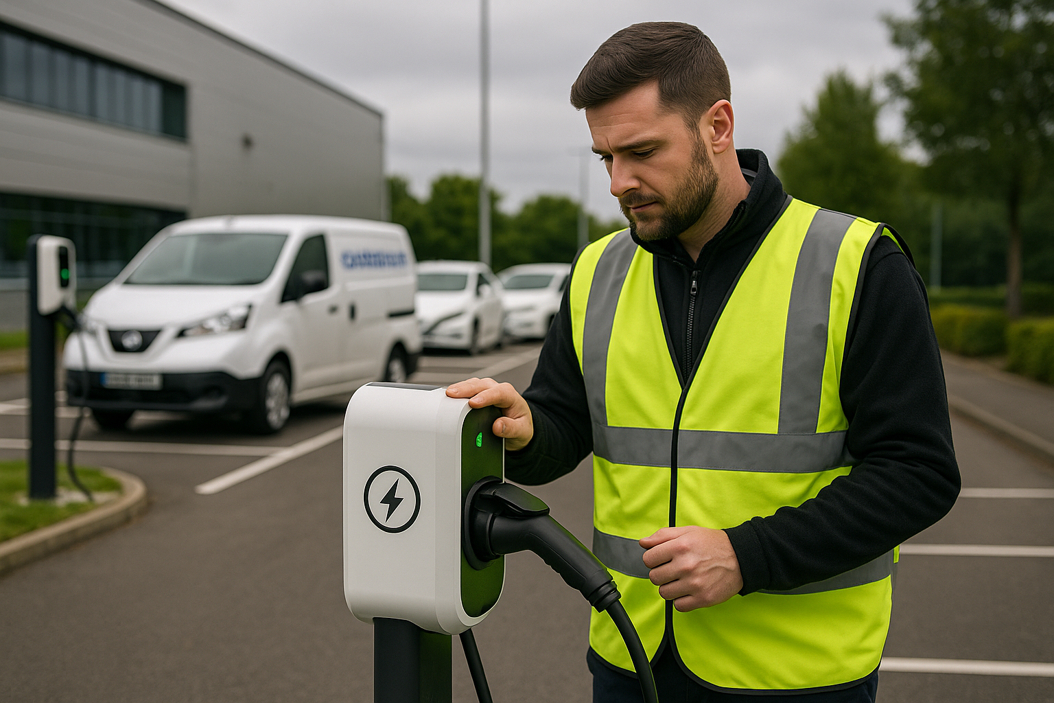 Technician servicing AC EV charger at business site